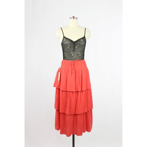 NWT Aritzia WILFRED Century Maraschino Red Linen Tiered Midi Skirt, Size XS - Picture 1 of 16
